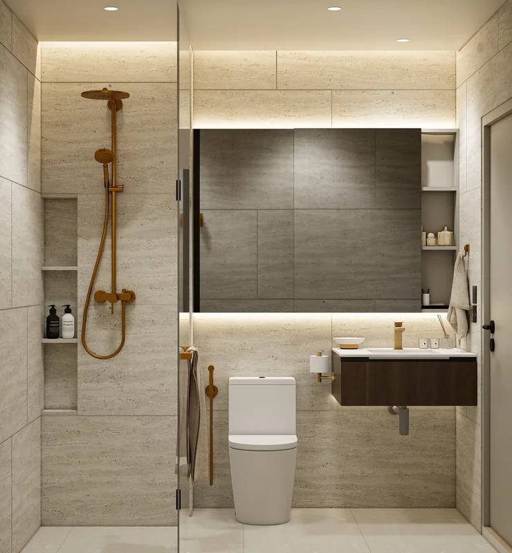 Namone Grande Phuket bathroom: rain shower, bronze fittings, marble