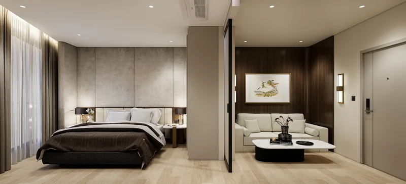 Namone Grande Phuket bedroom and living room behind a glass partition