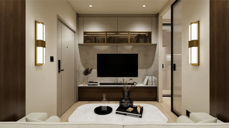 Namone Grande Phuket living room: timber TV wall and bronze wall lights